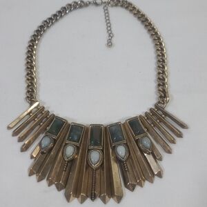 Vintage Bronze Tone Mossy Agate Gemstone Egyptian Revival Necklace